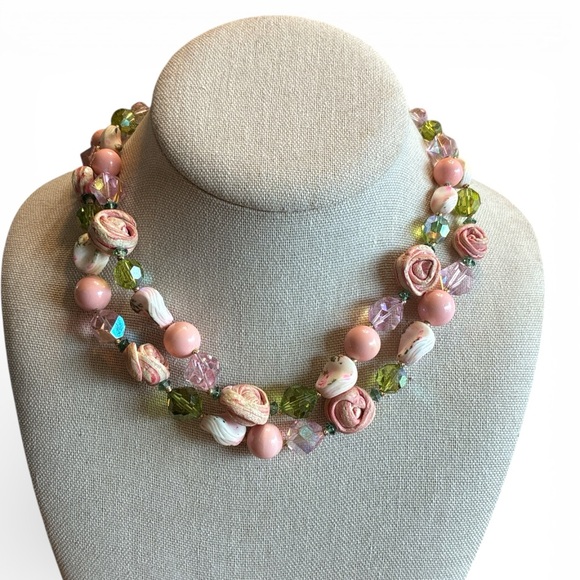 Vendome Jewelry - Vintage Vendome Double Strand Art Glass Rolled Rose Crystal Choker Necklace
